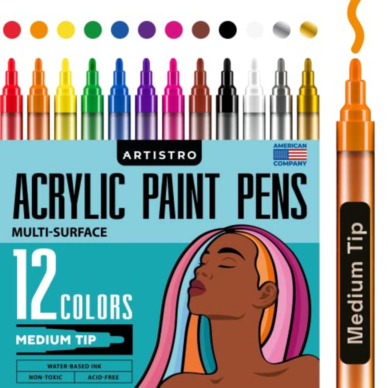 ARTISTRO 12 Acrylic Paint Pens for Fabric, Canvas, Rock, Glass, Wood - 3mm  Medium Tip Paint Markers-Ideal Art Supplies for Adults and Kids